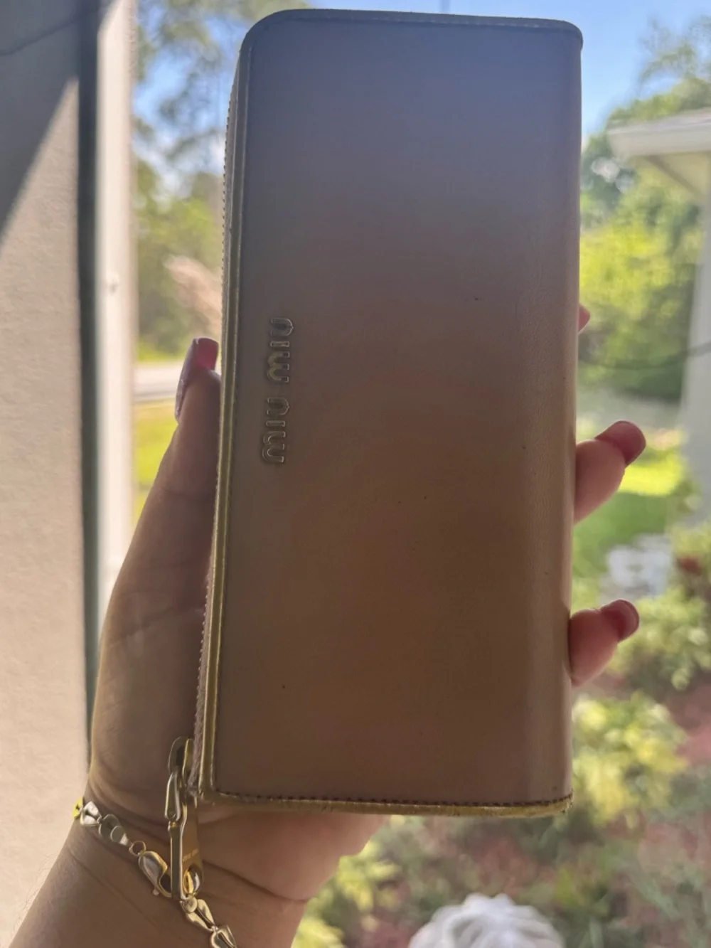 Miu Miu tan Leather Zip Wallet with Gold interior